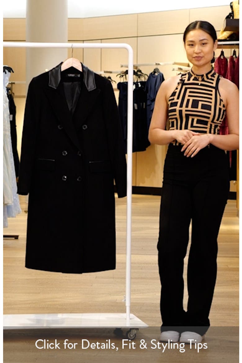 Faux Leather Trim Double Breasted Wool Blend Reefer Coat video