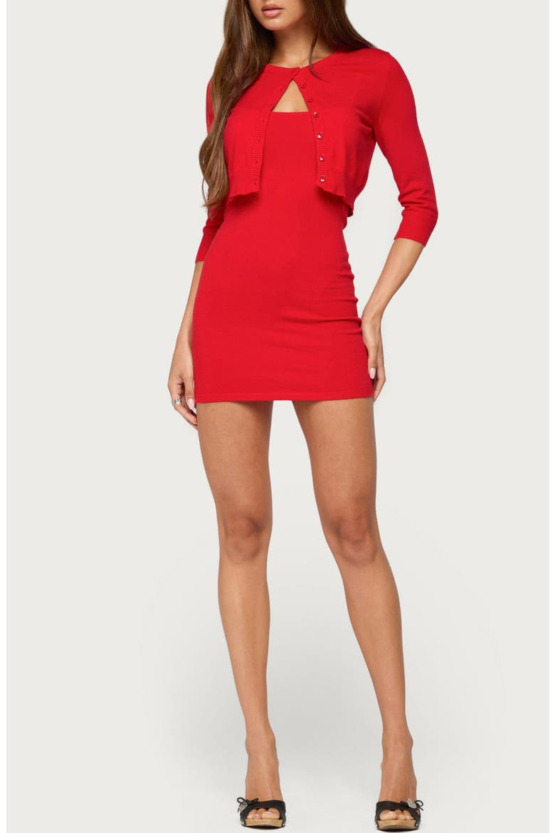 Cardigan and Knit Mini Dress Set, Main, color, RED