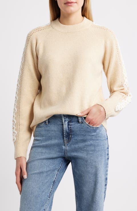 Embroidered Sleeve Mock Neck Sweater