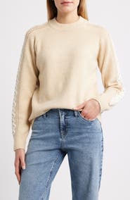 CITY BLUES Embroidered Sleeve Mock Neck Sweater