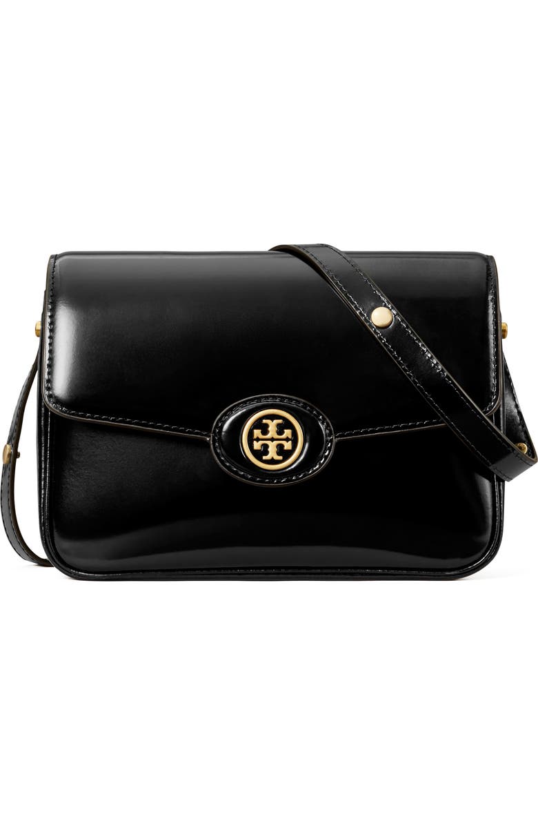 Tory Burch Robinson Spazzolato Leather Shoulder Bag, Main, color, Black
