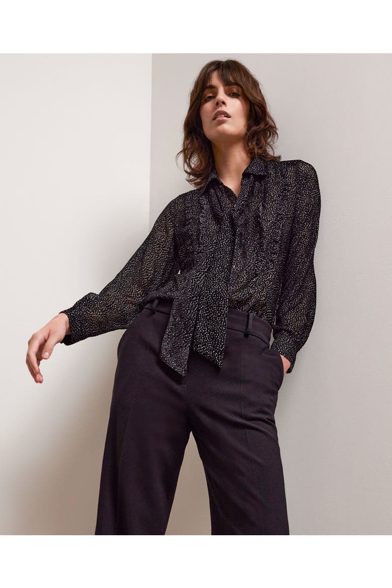 Velvet & Silk Mix Frill Tie Neck Blouse, Alternate, color, Black and Grey Polka Dots