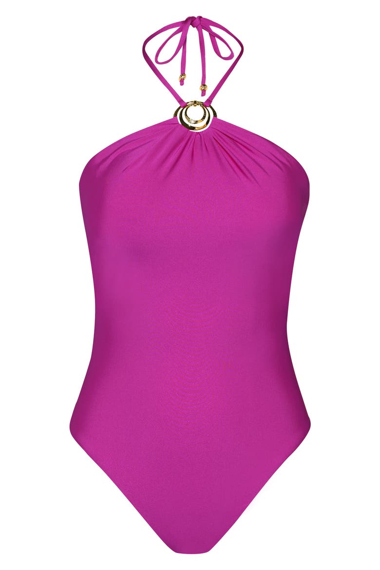 Solids Halter Neck One-Piece Swimsuit, Alternate, color, BRIGHT VIOLET