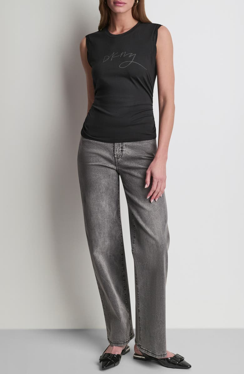 DKNY Script Ruched Cotton Blend Tank, Alternate, color, Black