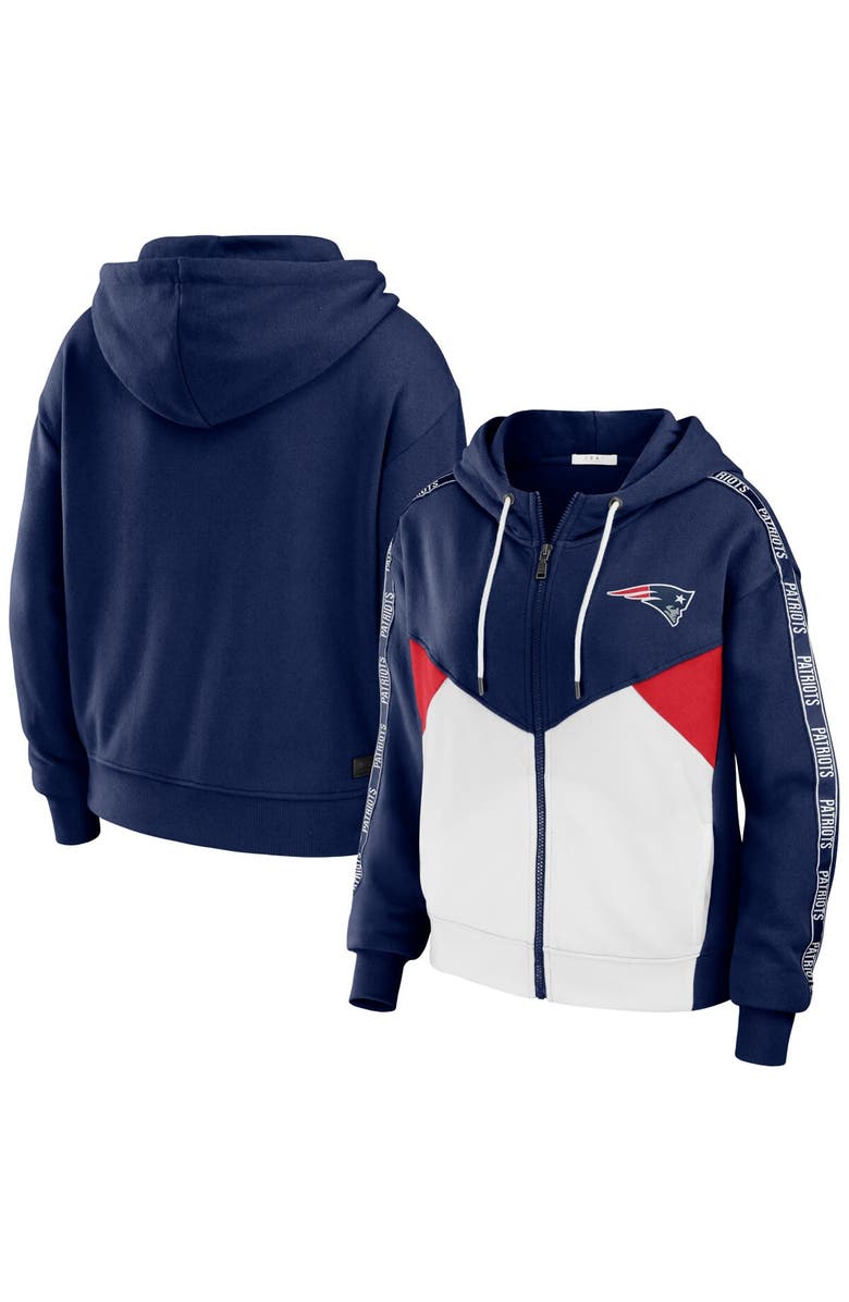 WEAR by Erin Andrews Women's WEAR by Erin Andrews Navy/White New England Patriots Color Block Light Weight Modest Crop Full-Zip Hoodie, Main, color, Navy