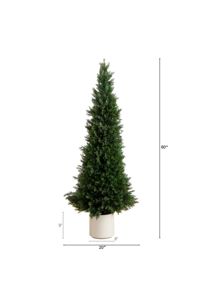 NEARLY NATURAL 5-ft UV Resistant Artificial Cedar Tree in Decorative White Planter, Alternate, color, Green