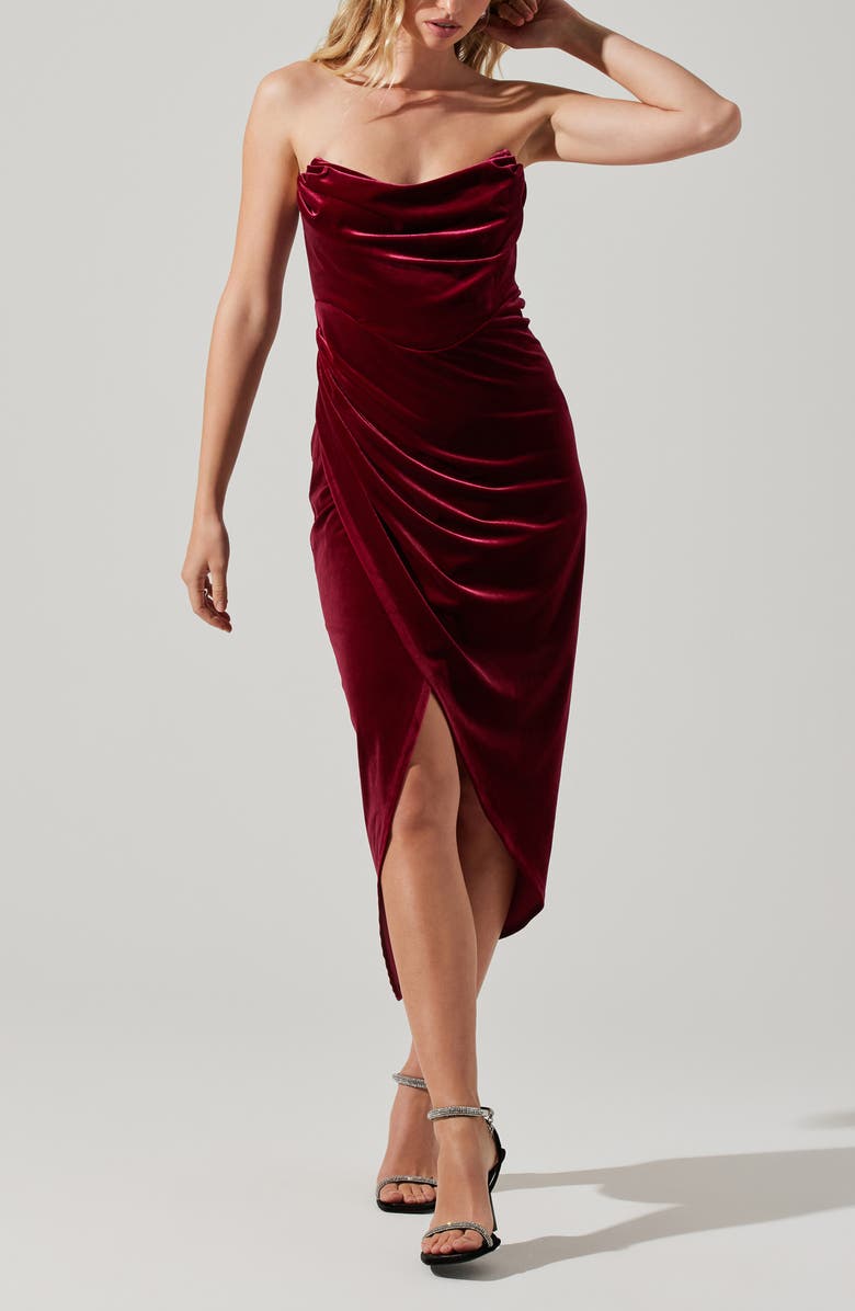 ASTR the Label Meghan Ruched Strapless Velvet Midi Dress, Alternate, color, Crimson Re