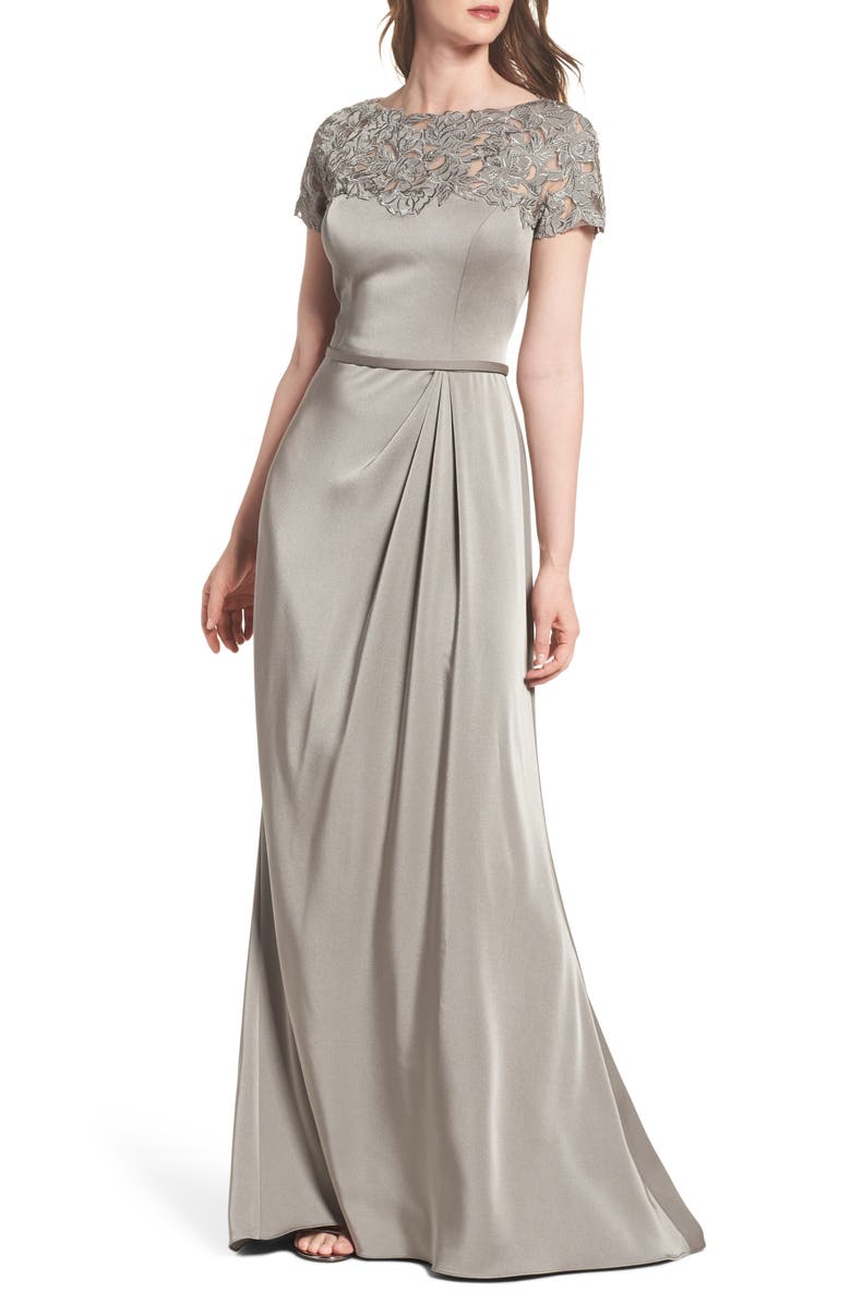 La Femme Lace Yoke A-Line Gown, Main, color, 