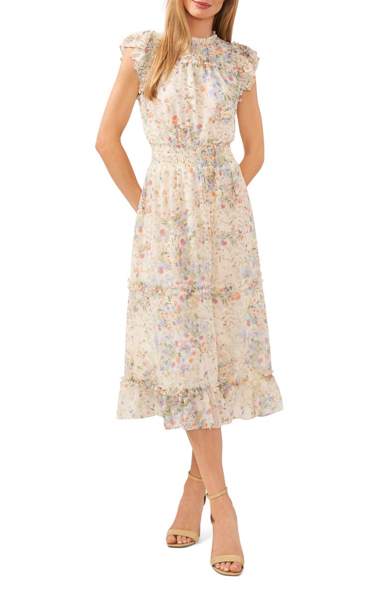 CeCe Floral Ruffle Midi Dress, Main, color, Egret