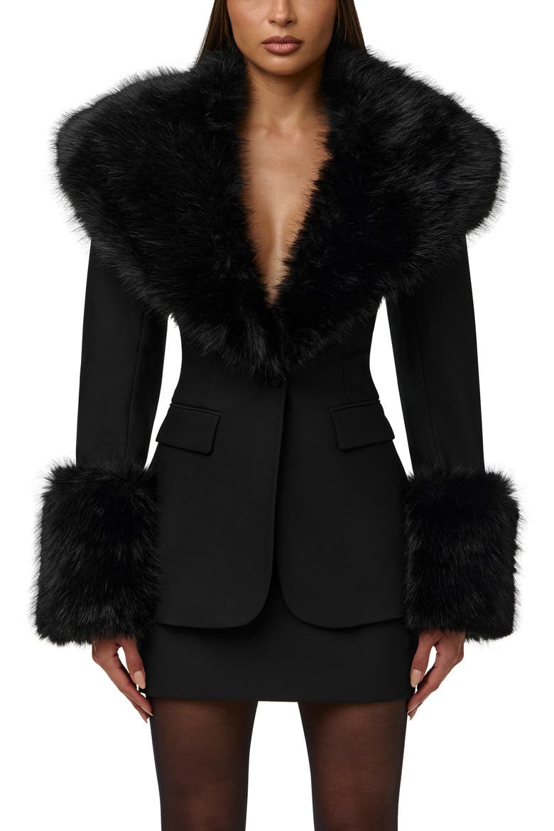 Faux Fur Trim Blazer, Main, color, BLACK