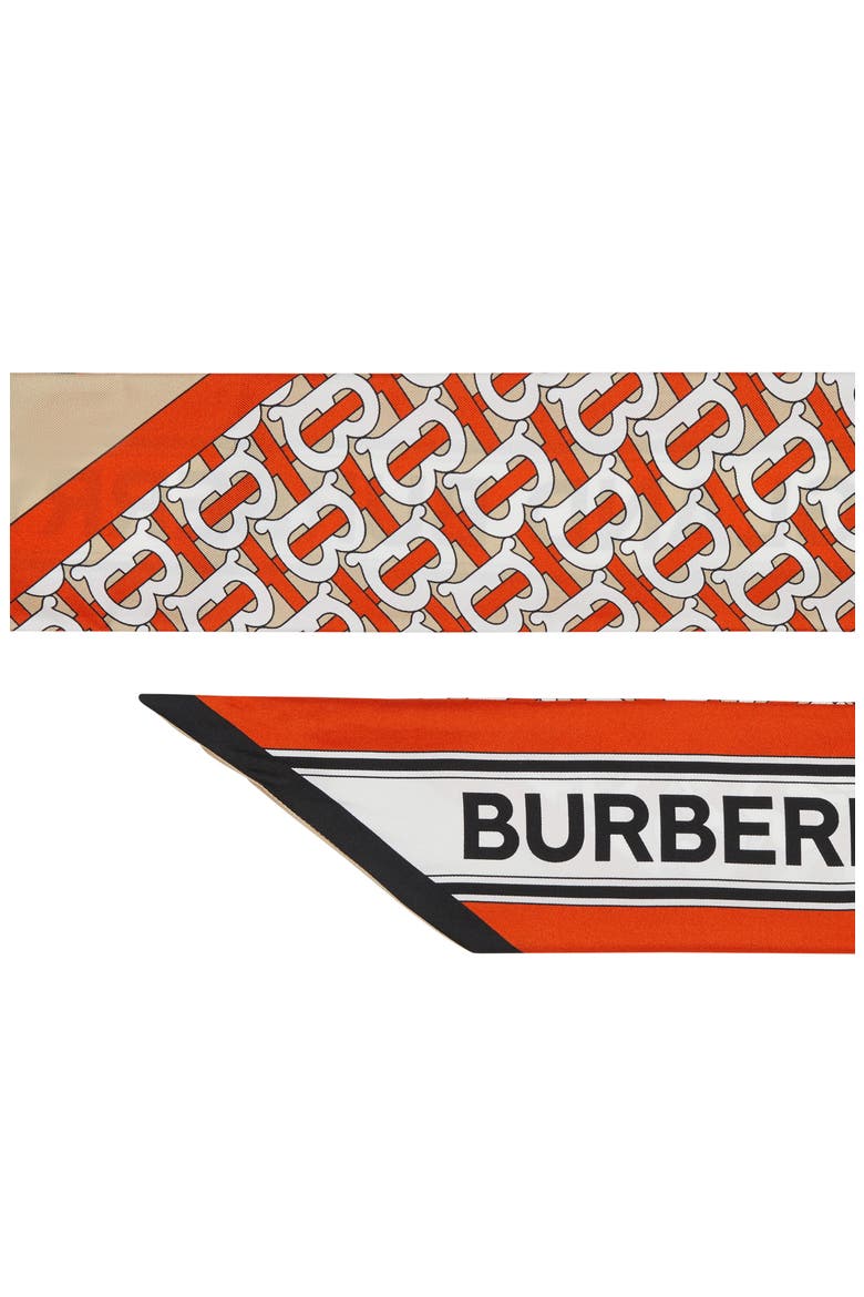 Logo & TB Monogram Print Skinny Silk Scarf, Alternate, color, VERMILLION