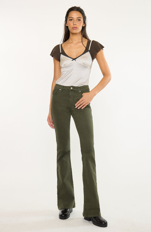 Kancan Olive High Rise Flare Jeans In Green