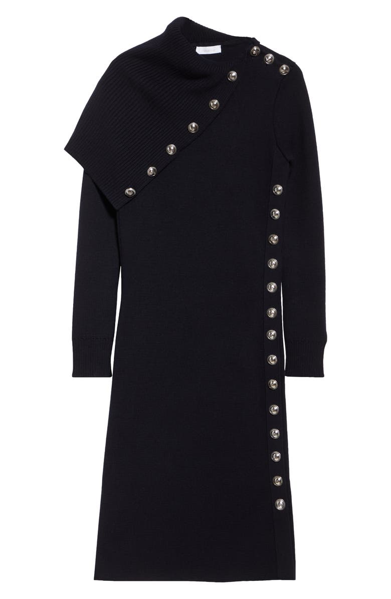 Rabanne Drape Shoulder Long Sleeve Merino Wool Sweater Dress, Alternate, color, Navy