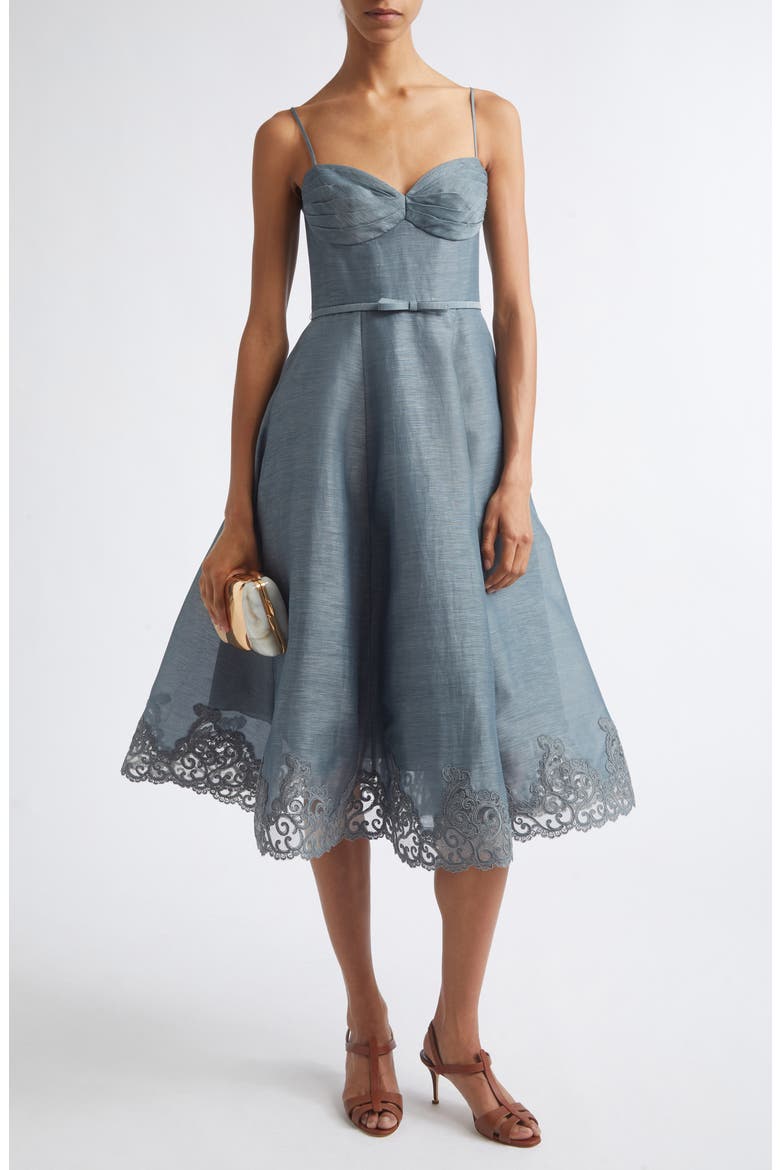 Ascent Lace Trim Linen & Silk Midi Dress, Main, color, DECO BLUE