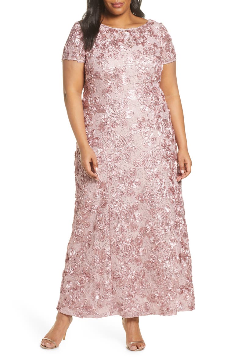 Rosette Lace Short Sleeve A-Line Gown, Main, color, ROSE