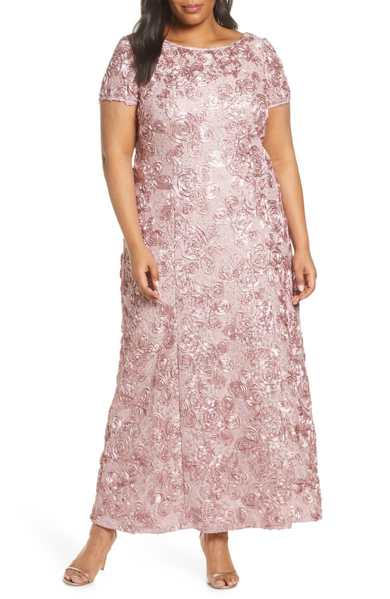Alex Evenings Rosette Lace Short Sleeve A-Line Gown, Main, color, Rose