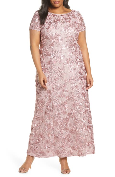 Rosette Lace Short Sleeve A-Line Gown (Plus Size)