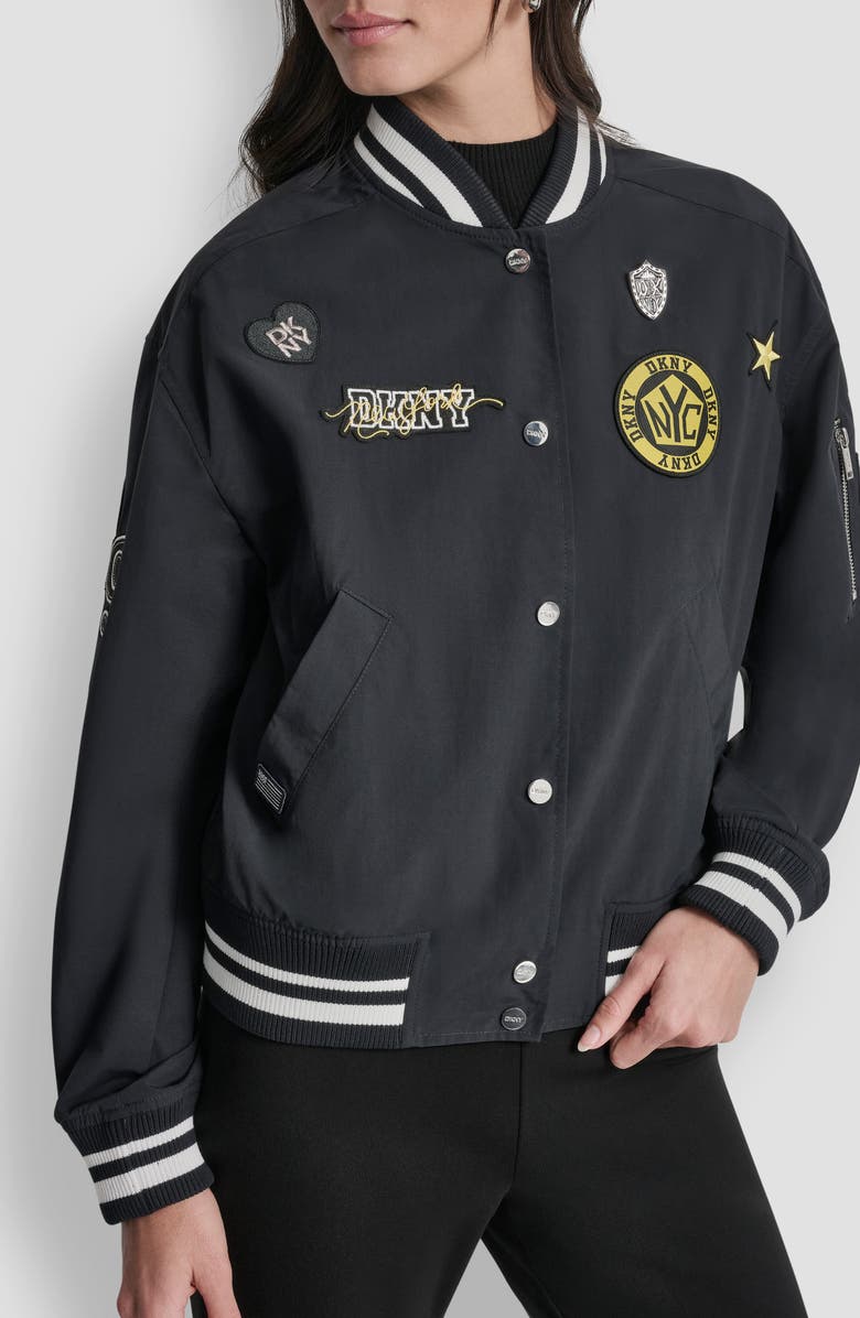 DKNY 1989 Pins & Patches Varsity Jacket, Alternate, color, Navy