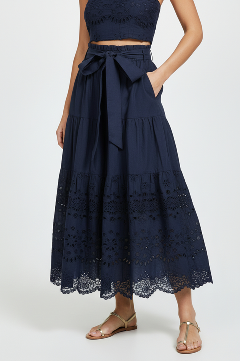 Jenni Tiered Belted Eyelet Smock Waist Skirt