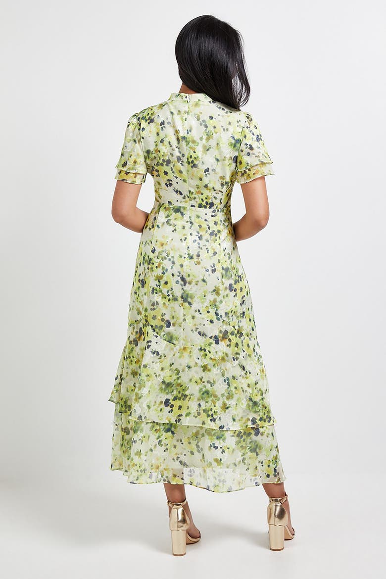 Petite Floral Burn Out Ruffle Midi Dress, Alternate, color, Yellow