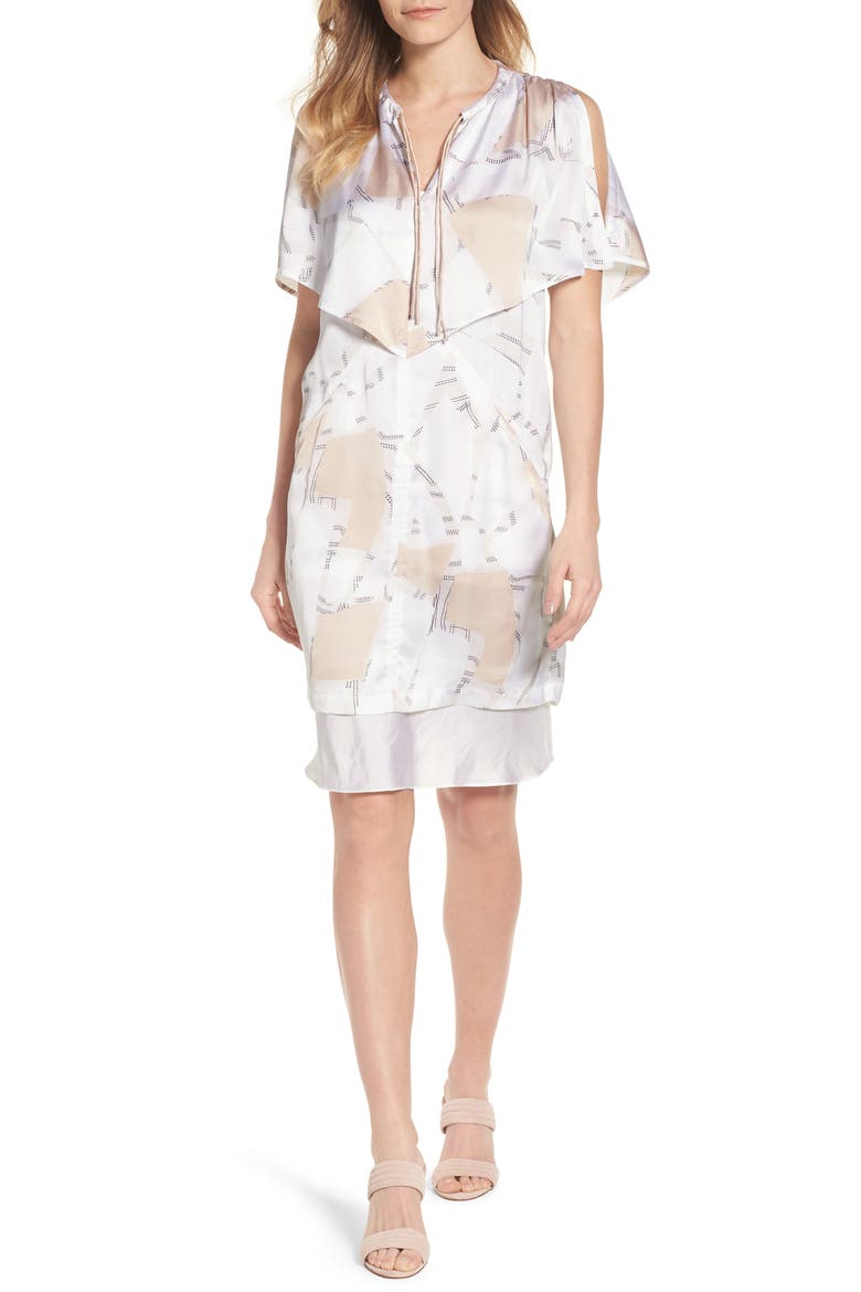 Capelet Cold Shoulder Dress, Main, color, FLOATING SHAPES WHITE