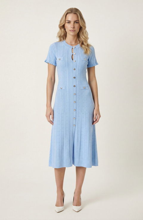 Button Front Knit Short Sleeve Midi Dress