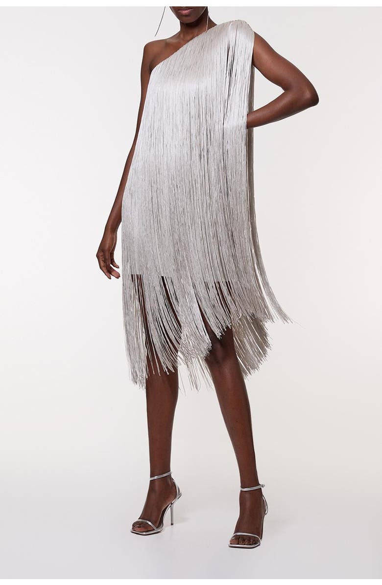 Karen Millen Fringe Mini Knit Dress, Alternate, color, Silver