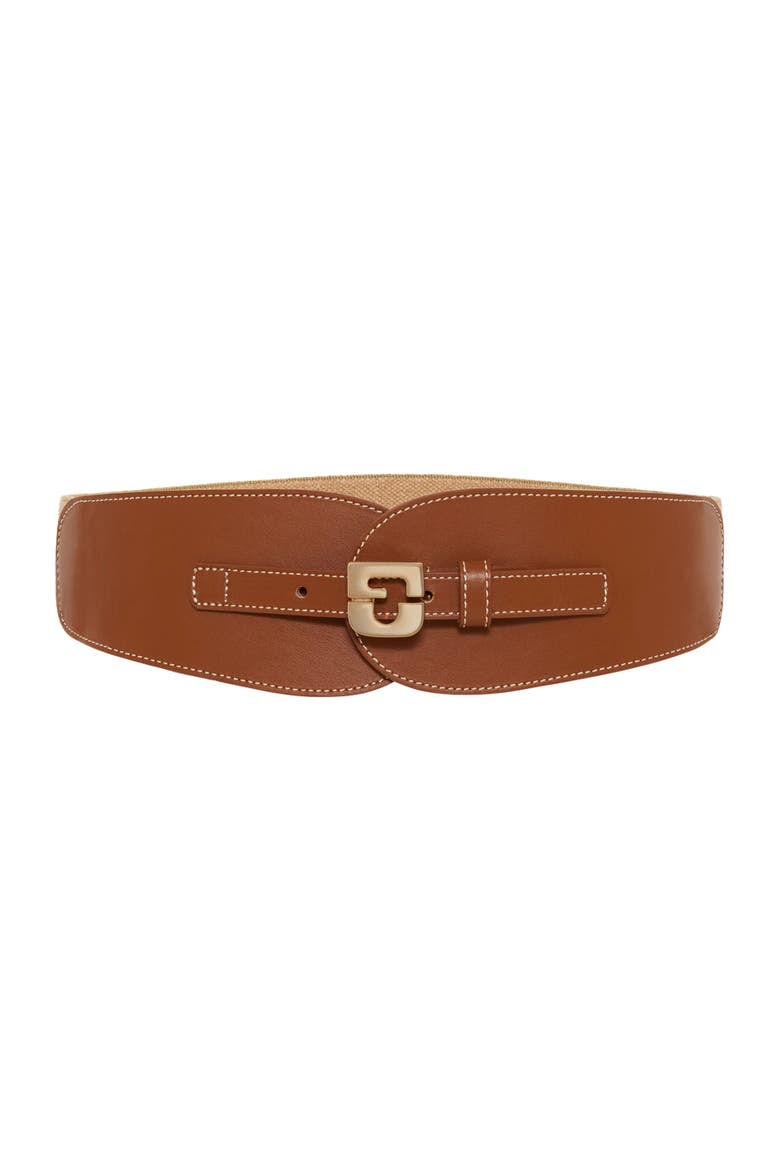 Olympe Logo Leather Corset Belt, Main, color, Cognac