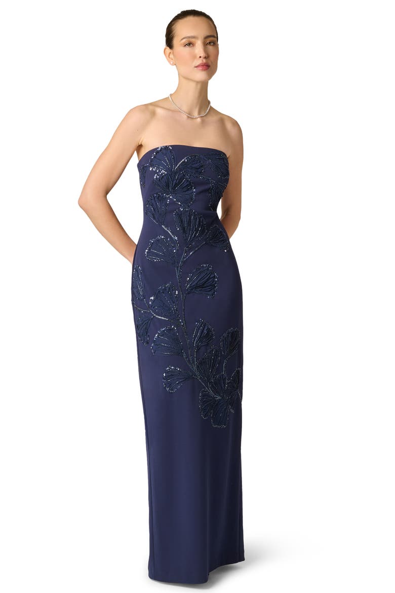 Sequin Strapless Crepe Gown, Alternate, color, DARK NAVY