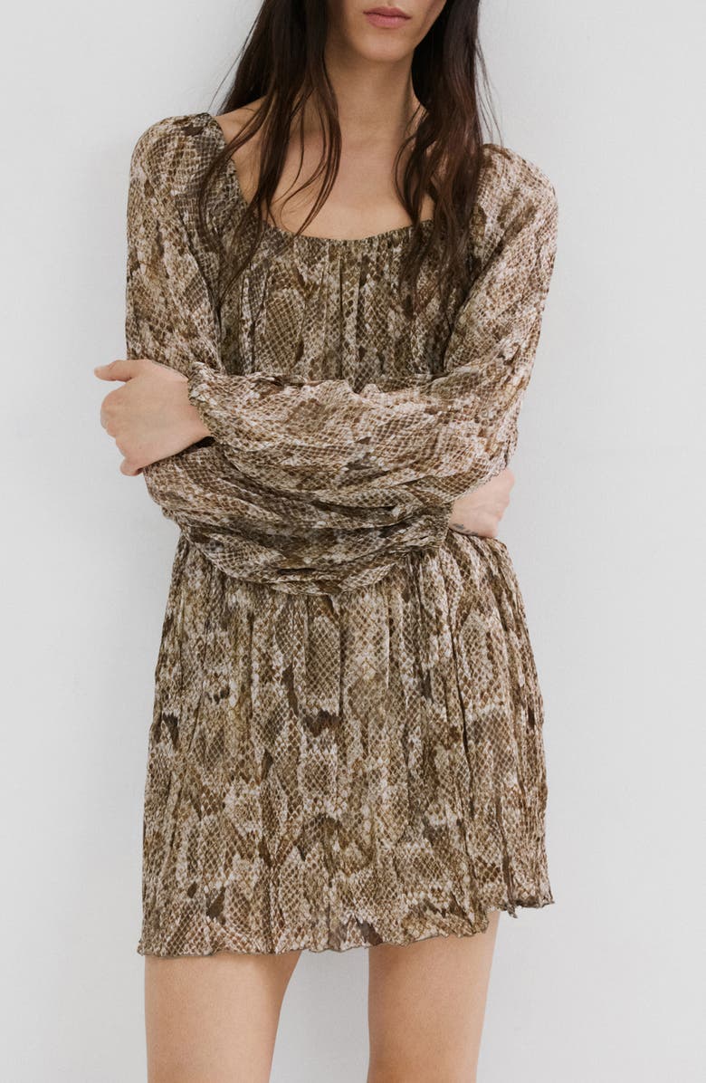 MANGO Animal Print Long Sleeve Minidress, Main, color, Khaki