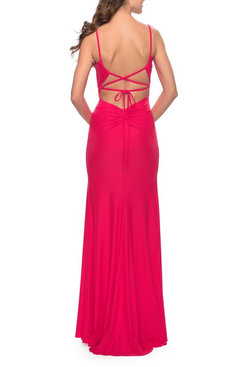 La Femme Elegant Jersey Dress With Ruching And Square Neckline In Hot Coral