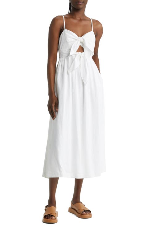 Double Tie Cutout Sweetheart Linen Blend Midi Dress