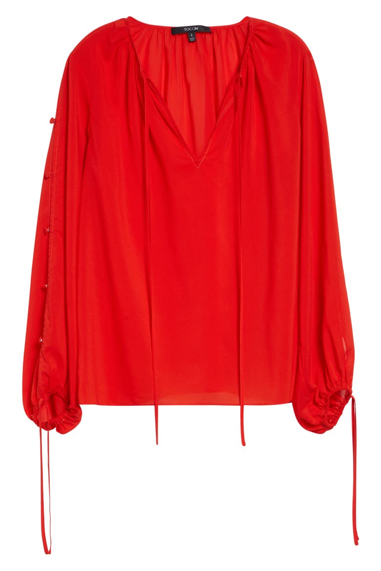 Oletta Button Long Sleeve Tie Cuff Top, Alternate, color, TOMATO