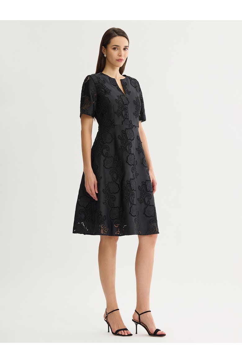 A-Line Floral Eyelet Crepe de Chine Dress, Alternate, color, Black