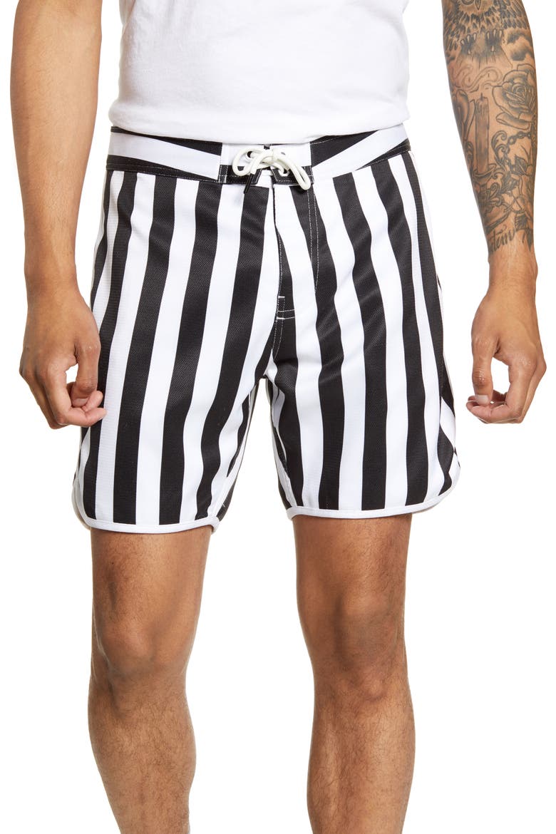 Slim Fit Scallop Stripe Board Shorts, Main, color, BLACK