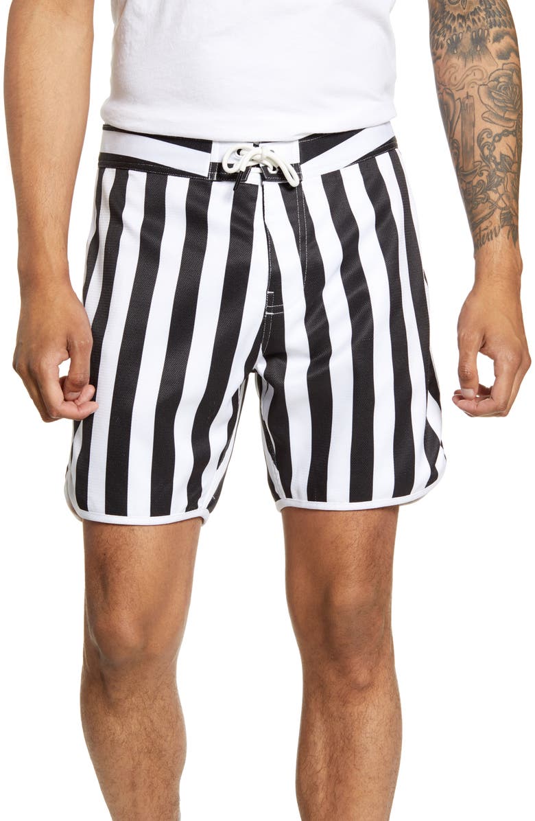 Goodlife Slim Fit Scallop Stripe Board Shorts, Main, color,