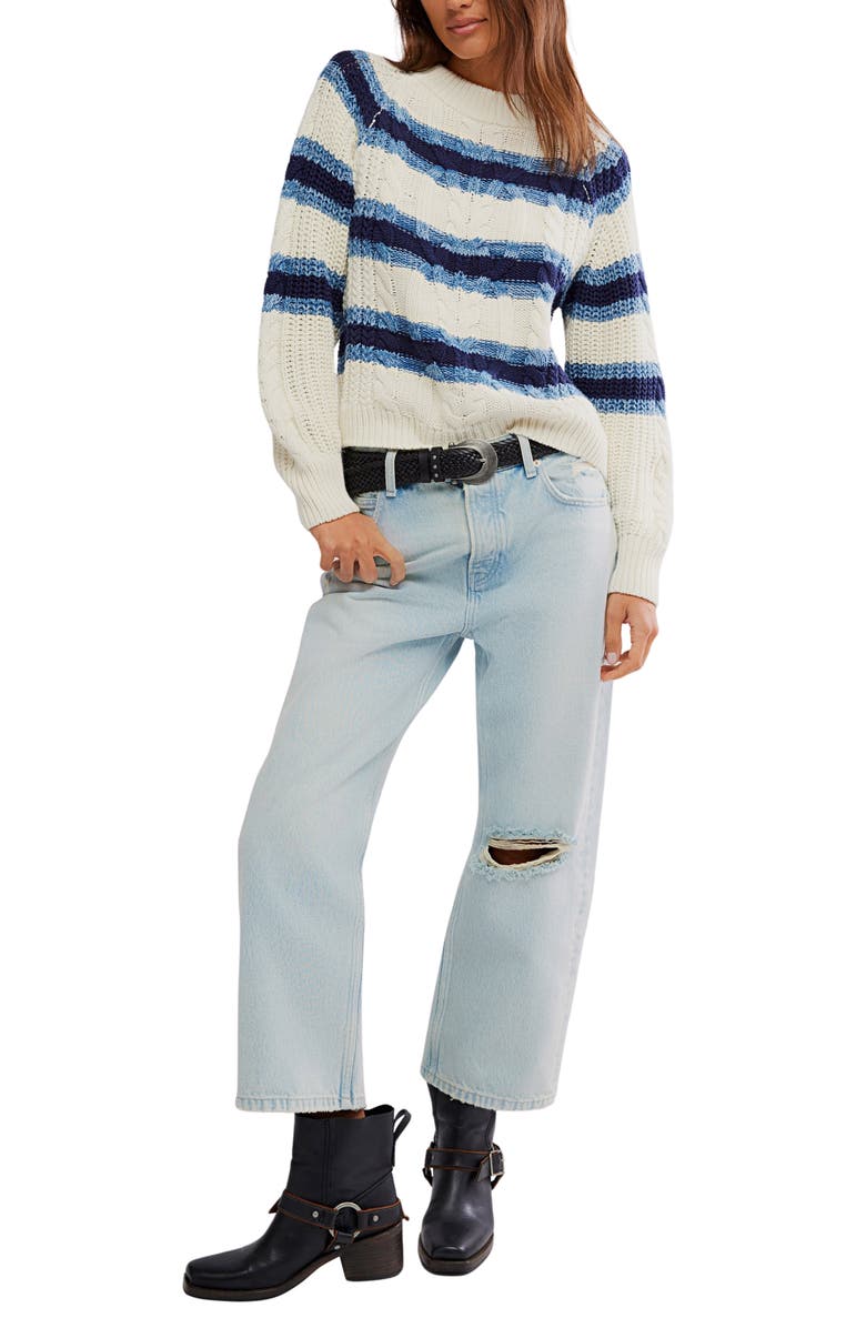Free People Frankie Stripe Cable Stitch Cotton Sweater, Alternate, color, Ivory Combo
