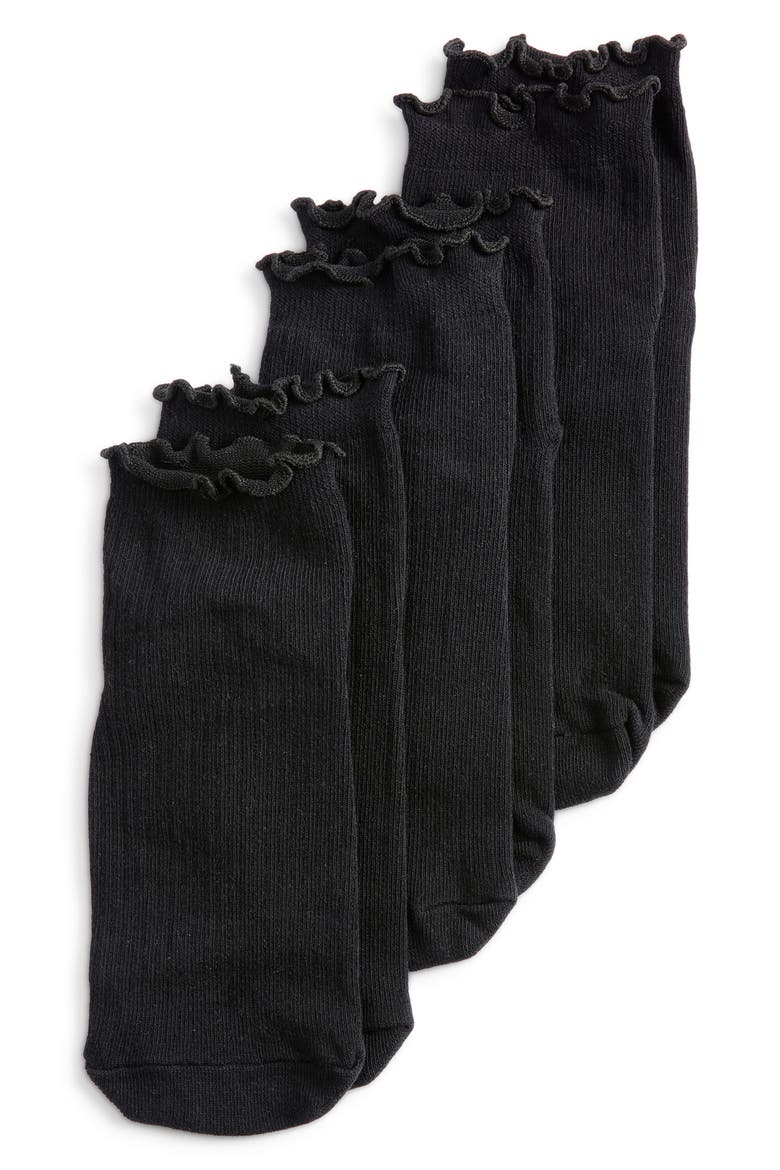 3-Pack Lettuce Edge Rib Ankle Socks, Main, color, BLACK