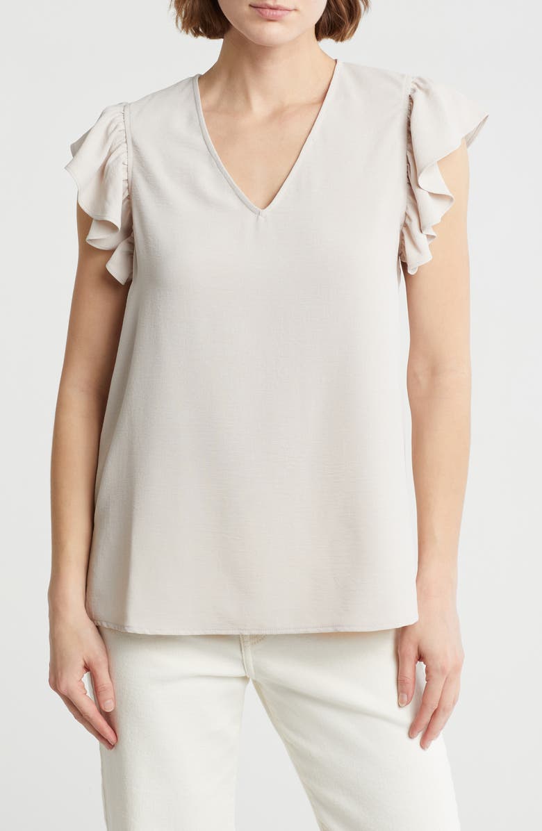 Adrianna Papell Flutter Sleeve Crinkled Satin Blouse, Main, color, Pebble