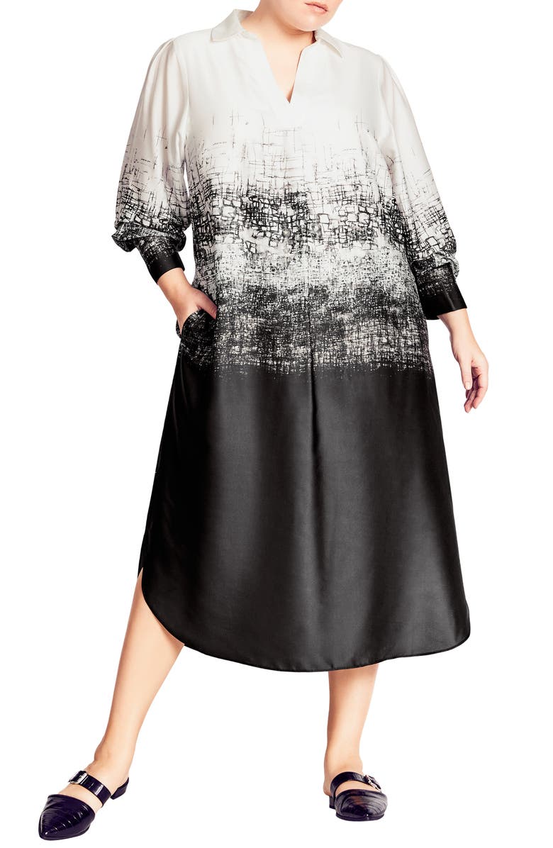 City Chic Caroline Gradient Print Long Sleeve Shirtdress, Main, color,