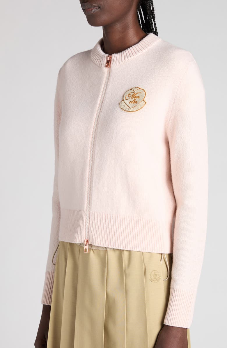 Moncler Heart Patch Virgin Wool & Cashmere Cardigan, Alternate, color, Rose Shadow