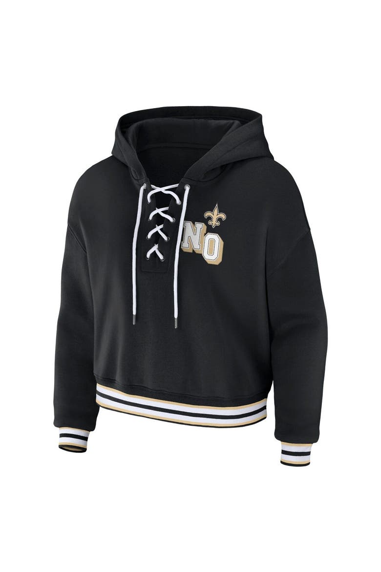 Women's WEAR by Erin Andrews Black New Orleans Saints Lace-Up Pullover Hoodie, Alternate, color, Black