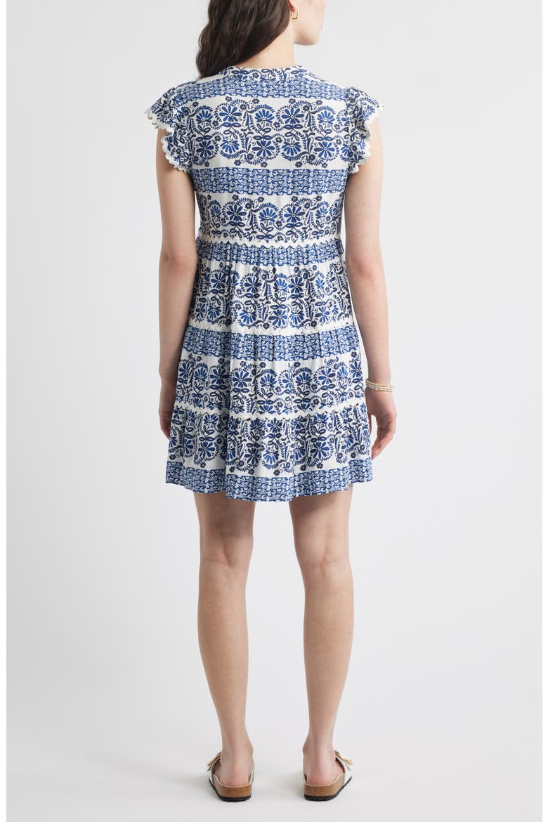 Ruffle Trim Linen Blend Shift Dress, Alternate, color, IVORY- BLUE NAVY BORDER BLOOM