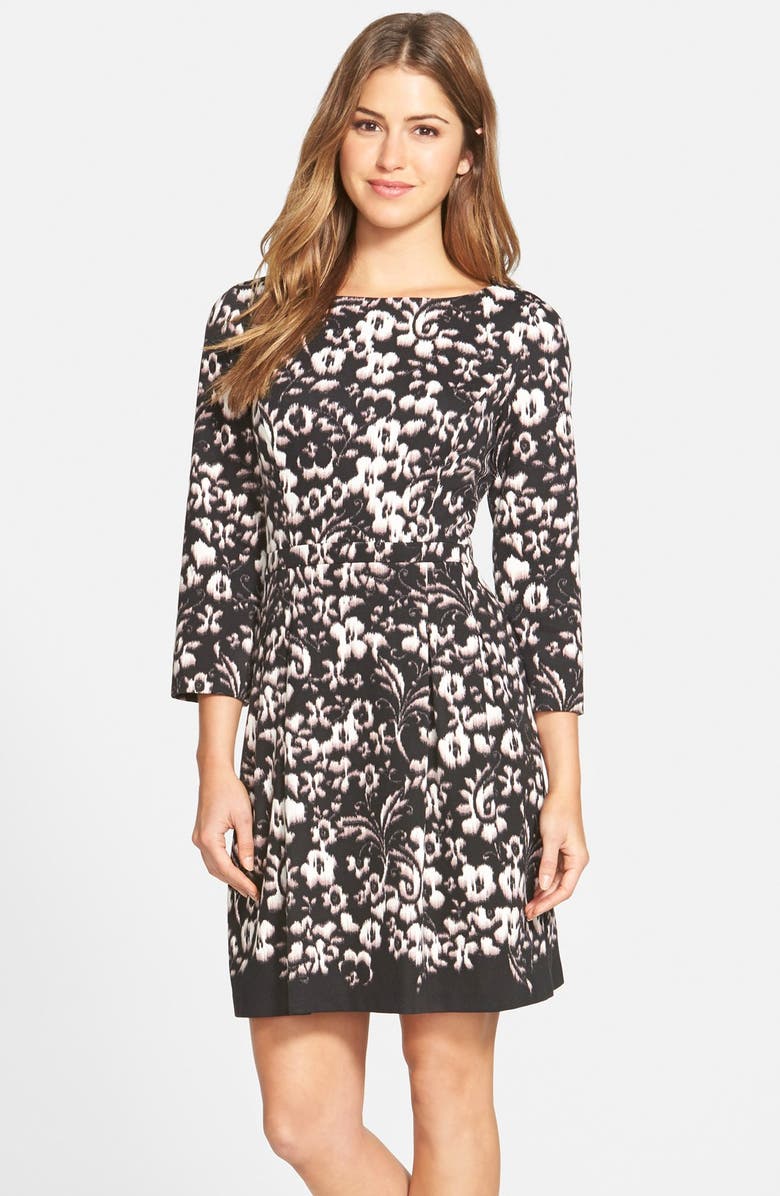 Eliza J Floral Print Ponte Fit & Flare Dress, Main, color, 