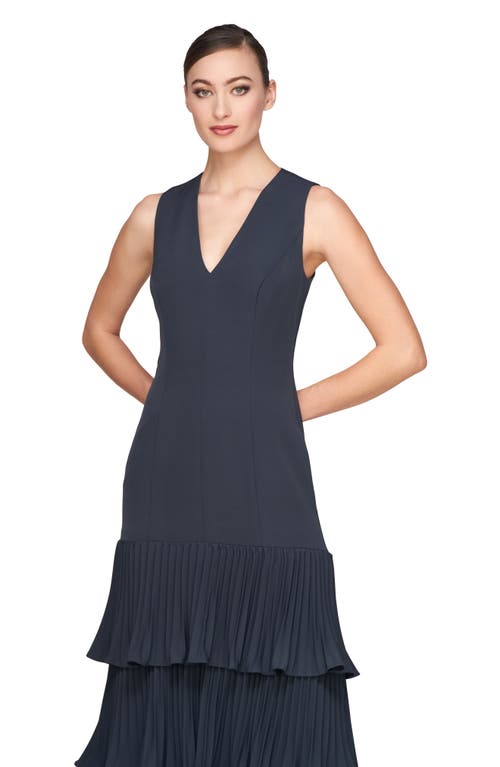 Kay Unger Angelique Pleated Tiered Sleeveless Gown In French Navy
