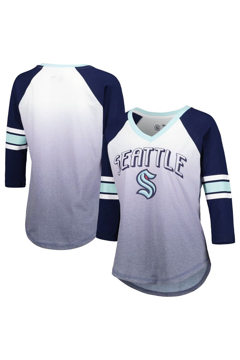 Women's G-III 4Her by Carl Banks Deep Sea Blue Seattle Kraken Lead Off Tri-Blend Raglan 3/4-Sleeve V-Neck T-Shirt, Main, color, Navy