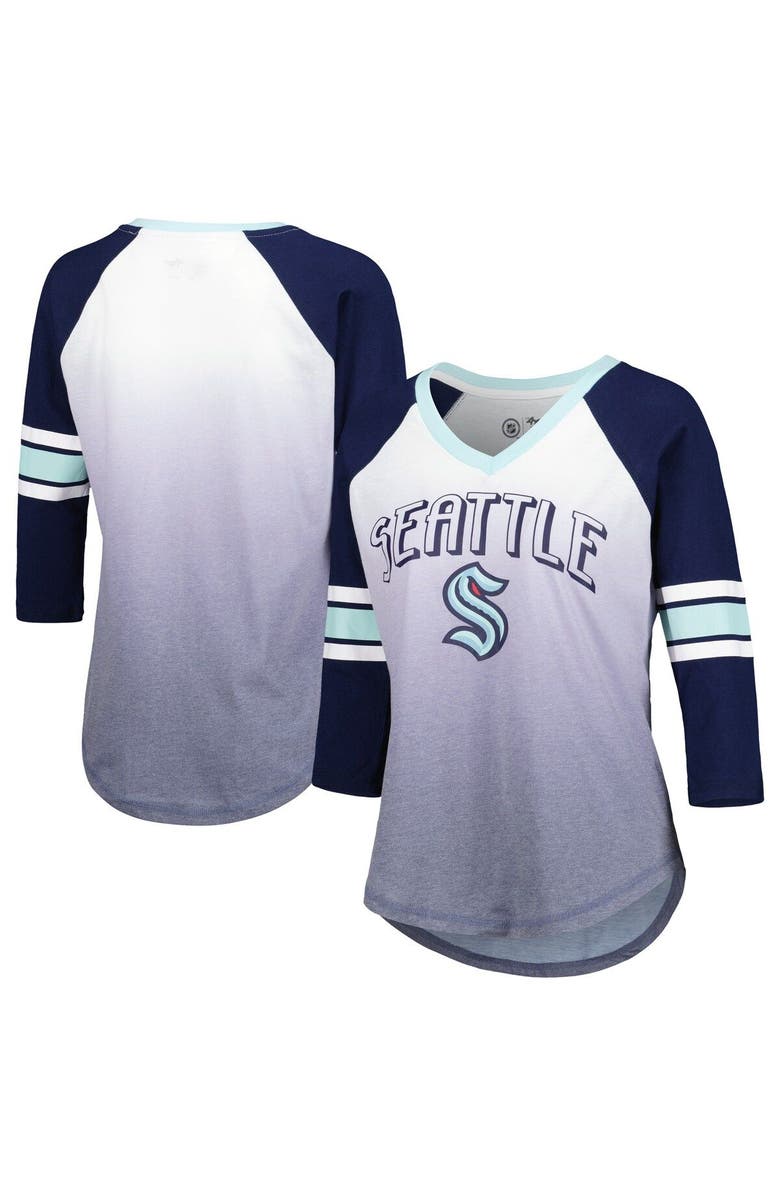 G-III 4HER BY CARL BANKS Women's G-III 4Her by Carl Banks Deep Sea Blue Seattle Kraken Lead Off Tri-Blend Raglan 3/4-Sleeve V-Neck T-Shirt, Main, color,