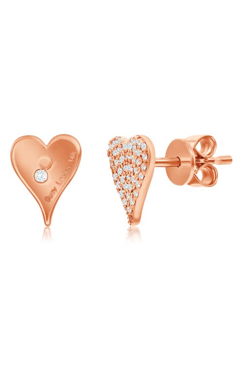 Suzy Levian Diamonds 14k Gold Diamond Pavè Heart Stud Earrings In Pink