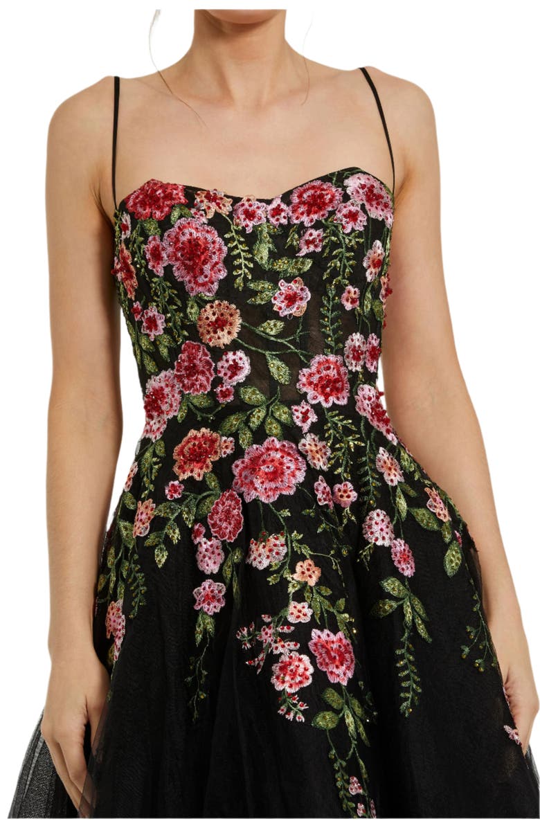 Mac Duggal Women's Bustier Embroidered Floral A-Line Dress, Alternate, color, Black Multi