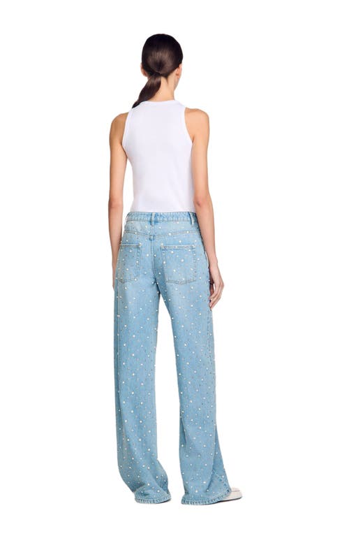 Sandro Womens Rhinestone-embellished Wide-leg Mid-rise Denim Jeans Bleus In Blue Jean